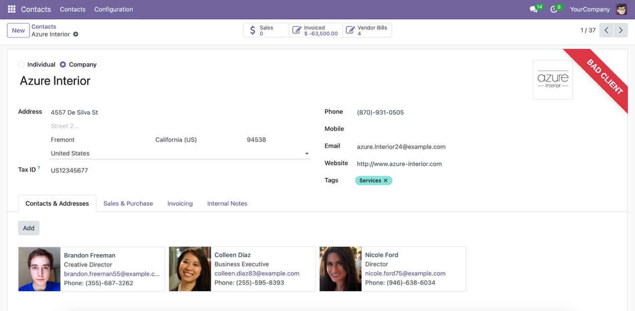 Odoo Client Status and Credit Rating Module interface showing customer classification ribbons
